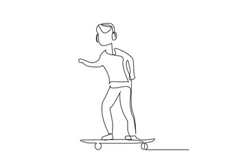 young man listening to a song with headphones uses a skateboard outside full body length lifestyle line art design