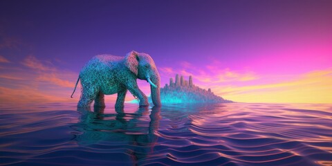 psychedelic surreal holographic elephant walks in pink water. surrealism, simultaneously an aesthetic of sea neon waves. Long horizontal banner. Generative AI. background with island and city