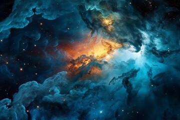 Obraz na płótnie Canvas imaginary cosmic landscape the birth and creation of a star. clumps of matter. nebula Stellar nurseries. dreamy dawn of a new reality. Generative AI.