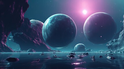 unrealistic Surreal night landscape with planets floating spheres  over water. the sun or moon is shining. Cold blue light. Long horizontal banner. Generative AI. Artistic mental, spiritual concept - obrazy, fototapety, plakaty