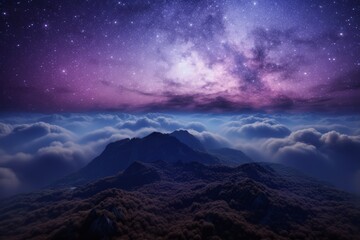 surreal purple magical night landscape in mountains above the clouds. starry night with sky, galaxies and milky way. peace and eternity. Generative AI. - obrazy, fototapety, plakaty