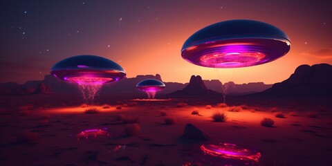 floating purple shapes torus mirror silver sand and mountains of desert. surrealism, simultaneously aesthetic. Long horizontal banner. Generative AI. Pink stellar night - obrazy, fototapety, plakaty