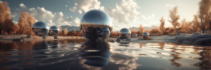 silver mirror spheres in the background of a landscape with a lake and a forest. Long horizontal banner. Generative AI. Artistic original Calm mental, emotional, and spiritual concept.  - obrazy, fototapety, plakaty