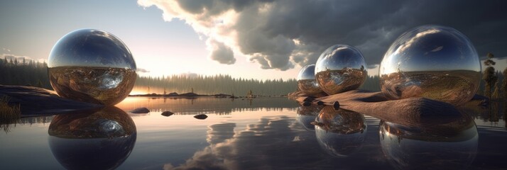 huge silver spheres in the background of a landscape with a lake and a forest. Long horizontal banner. Generative AI. Artistic original mental, emotional, and spiritual concept