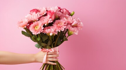 Photo of cropped man arm hold big bright decorated bunch giving girlfriend valentine day romance gift present bouquet composition isolated pink color background 