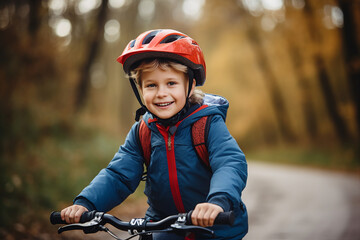 Photography of cheerful happy kid on bicycle riding to school city streets having fun outdoors...