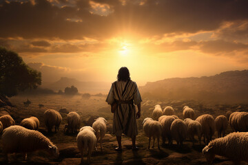 Generative Ai illustration Jesus is walking in meadow with sheep Jesus is shepherding religious...
