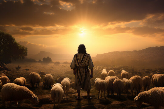 Generative Ai illustration Jesus is walking in meadow with sheep Jesus is shepherding religious symbol