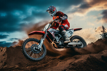 Created using generative AI image of rider driving in extremely risky motocross race on a dirt...
