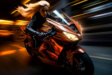 Generative AI portrait of young woman driving motorbike at high speed in neon dark light city