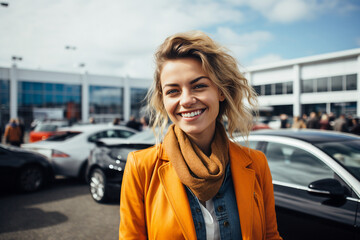 Fototapeta premium Generative AI picture of attractive young woman client is buying new comfort luxury auto