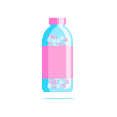 Bright glass bottle with capsule. Medicine. Pink, blue colors.