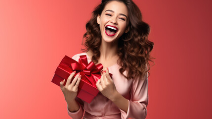 Obraz na płótnie Canvas Happy smiling woman holding gift box over red background