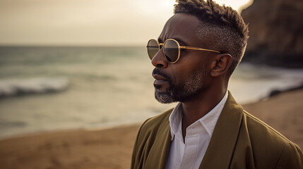 a man with a contemplative gaze wearing stylish sunglasses standing at the water's edge on a serene beach.