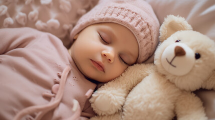 a baby in peaceful slumber surrounded by gentle pastel-colored décor that adds to the ambiance of serenity. 