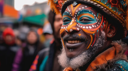 a man participating in a vibrant winter festival his face painted with intricate designs as he revels in the festivities.