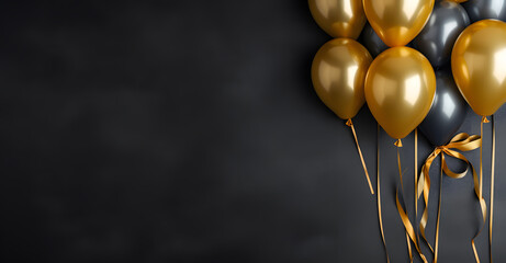 Black and golden balloons with sparkles high detailed background. birthday party.