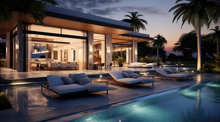 Fototapeta na wymiar Ultra Luxurious Exterior Design of a Tropical Modern Villa with a Relax Zone and a Pool.