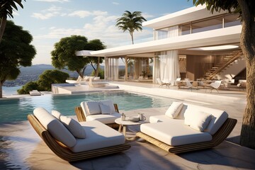 Fototapeta premium Ultra Luxurious Exterior Design of a Tropical Modern Villa with a Relax Zone and a Pool.