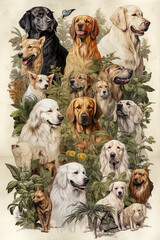 Generative AI vintage poster illustration of golden retriever dog