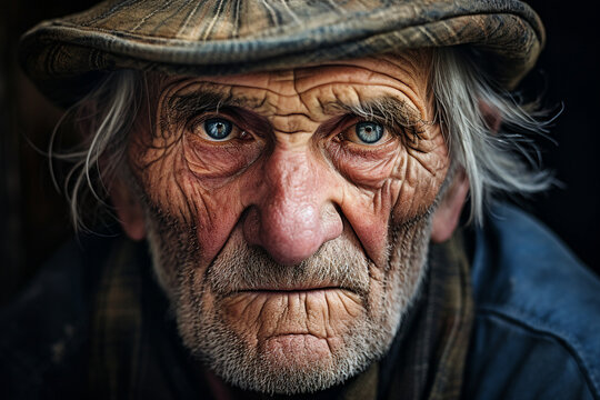 Close up generated ai picture of old elderly upset unhappy man with a wrinkled face living alone
