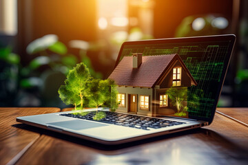 Generative AI illustration of real estate investment concept, using laptop ar, buy house, location