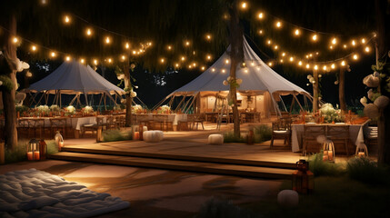 Fototapeta na wymiar Girlandy ozdabiające namiot weselny nocą na tarasie - ślub w ogrodzie 