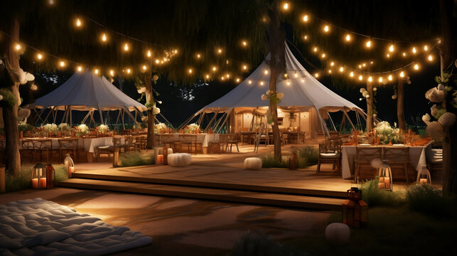 Girlandy ozdabiające namiot weselny nocą na tarasie - ślub w ogrodzie 