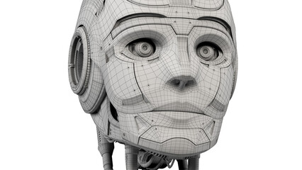 Closeup view of detailed robot face or cyborg head on transparent background. 3d rendering in wireframe