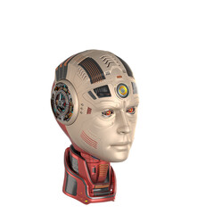 Futuristic robot head or detailed cyber boy. Front side view isolated on transparent background. 3d rendering