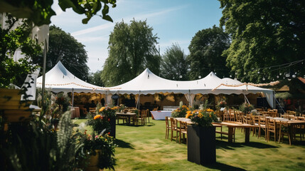 Wesele i ślub w ogrodzie udekorowanym kwiatami - białe namioty, stoły wśród natury przygotowane na przyjęcie - obrazy, fototapety, plakaty