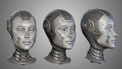 Set of three robot woman heads with slightly different angles. Cyber lady face isolated on grey background. 3D rendering 