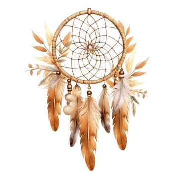 Wolf totem Indian dream catcher handmade wall hanging pendant circular net with feathers. Watercolor illustration on a white background.