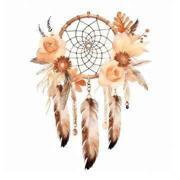Wolf totem Indian dream catcher handmade wall hanging pendant circular net with feathers. Watercolor illustration on a white background.