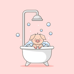 Cute pig taking bath. Piglets bath. Piggy wash in bathroom. Bubble bath for piglet. Domestic animal cleaning. Vector illustration with cartoon pet on pink background