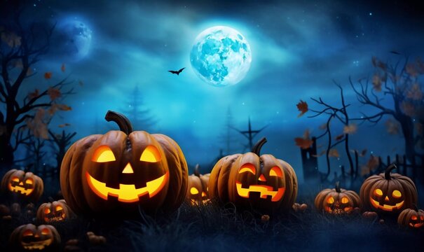 Halloween glitter pumpkin jack o lantern decor with funny faces on sky background , AI generator