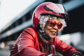 Generative AI picture of happy sporty old lady in protective helmet riding bike scooter motorbike walking in park enjoying the moment outdoors
