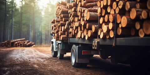 a stack of wooden logs in big trailer vehicle. Generative AI - obrazy, fototapety, plakaty