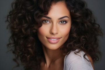 Naklejka premium Generative IA picture portrait of young mixed race girl natural beauty stunning curls over light pastel color background