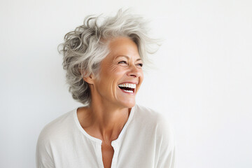 Generative IA technology illustration amazing aged woman happily smiling casual clothes