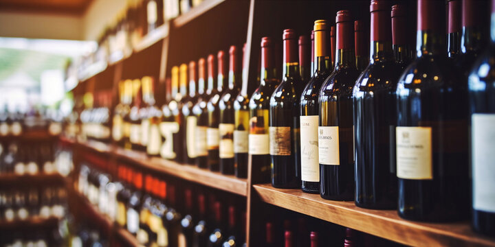 Abstract blur wine bottles on liquor alcohol shelves. Generative AI