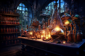 Generative ai collage image picture of alchemist lab with potion cauldron for making magical dark spell - obrazy, fototapety, plakaty
