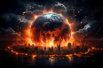 Generative ai colage image picture of burning earth destroying by ecological catastrophe wars...