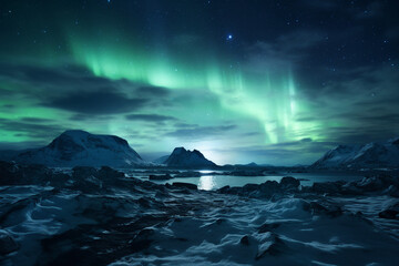 Obraz na płótnie Canvas Generative ai collage image picture of amazing view north landscape with green aurora borealis lights