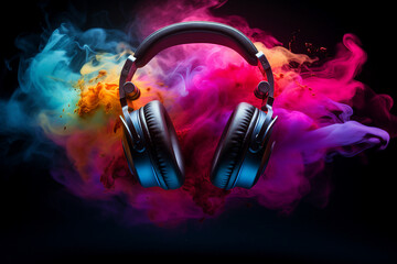 Generatiev ai collage template of electronics tore promo presenting new headphone model