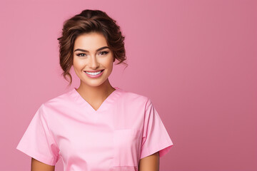 Fototapeta premium Generative AI portrait of confident professional doctor in dental clinic office concept of healthy teeth isolated on pink color background