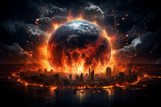 Generative ai colage image picture of burning earth destroying by ecological catastrophe wars battle nuclear bomb