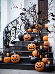 Carved pumpkins, bats and spiders on stairs and a bench near a modern house with a black front door, a potted tree and white walls. Halloween concept. AI generator