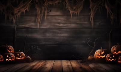 Creepy Halloween background with empty wooden boards, dark horror background. Holiday theme, copy space for text. Ideal for product placement, AI generator
