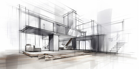 sketch drawing of live wire frame abstract house interior.  